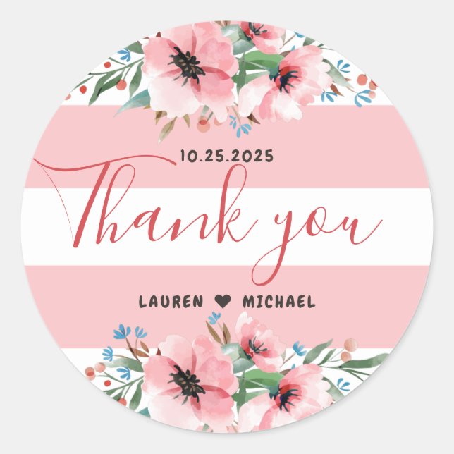 Pink Stripe Peony Flower Spring Floral Wedding Classic Round Sticker (Front)