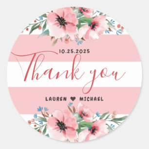 Pink Stripe Peony Flower Spring Floral Wedding Classic Round Sticker
