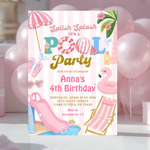Pink Stripe  Pool party girl birthday Invitation