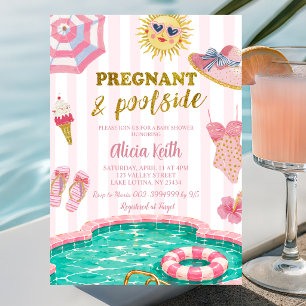 Pink Stripe pregnant and poolside baby shower Invitation