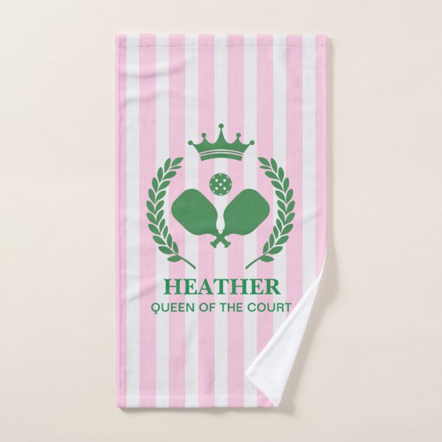 Pink Stripe Queen of the Court Pickleball Hand Towel (Hand Towel)