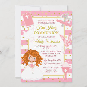 Pink Stripe Red Hair Girl First Holy Communion Invitation