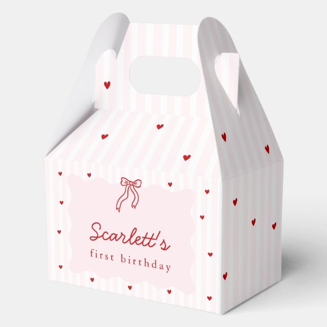 Pink Stripe Red Heart Little Sweetheart Birthday Favour Box (Front)
