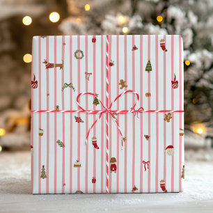 Pink Stripe Retro Cute Christmas Icons Wrapping Paper