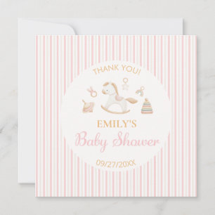 Pink Stripe Rocking Horse Girl Baby Shower Thank You Card