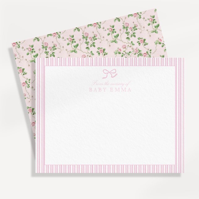 Pink Stripe & Rose Floral Baby Nursery Card (Creator Uploaded)