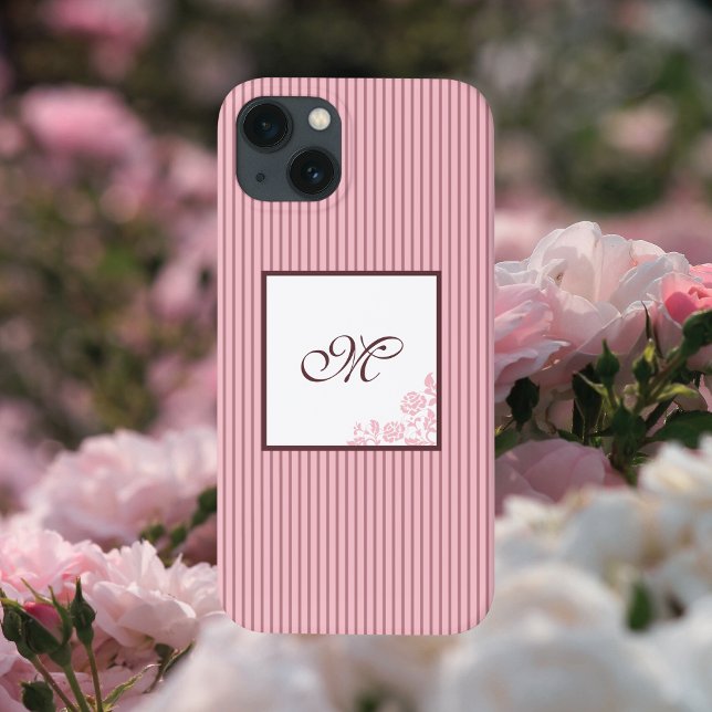Pink Stripe Rose Lace Initial Script Monogram Case-Mate iPhone Case (Creator Uploaded)