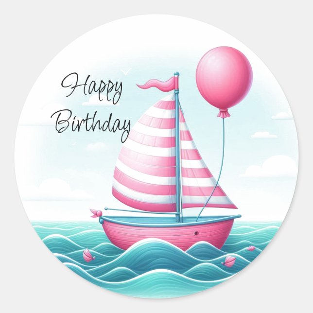 Pink Stripe Sailboat Balloon Birthday Wishes Classic Round Sticker (Front)
