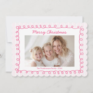 Pink Stripe Scalloped Holiday Photo Card