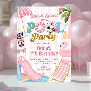 Pink Stripe Soccer Pool party girl birthday Invitation