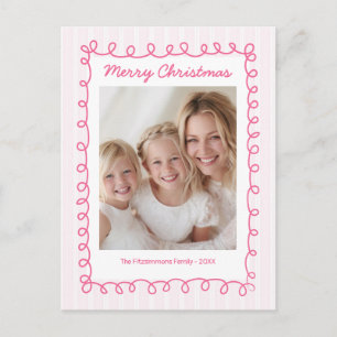 Pink Stripe Squiggle Christmas Photo Holiday Postcard