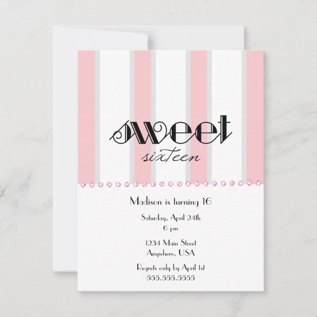 Pink Stripe Sweet 16 Invitation (Front)