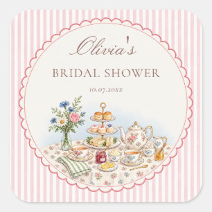 Pink Stripe Tea Party Bridal Shower Square Sticker