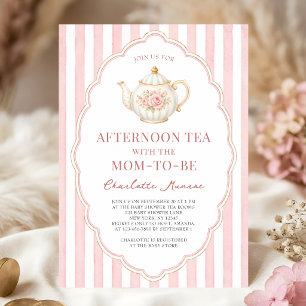 Pink Striped Afternoon Tea Party Baby Shower Invitation