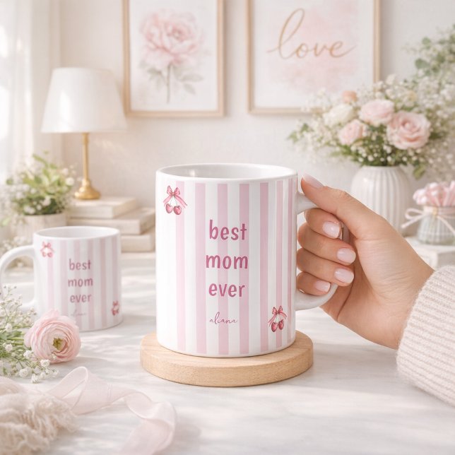 Pink Striped Best Mum Ever Mug Cute Cherry Mug (Creator Uploaded)