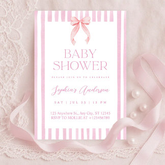 Pink Striped Bow Baby Shower Invitation