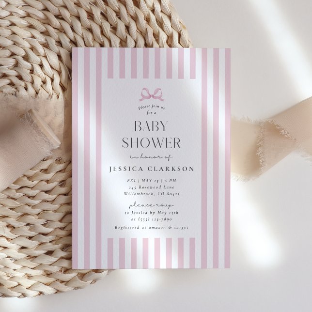 Pink Striped Bow Baby Shower Invitation (Creator Uploaded)