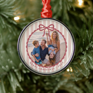 Pink Striped Bow Christmas Photo Metal Tree Decoration