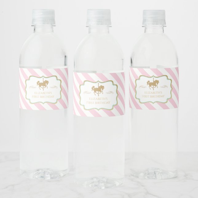 Pink Striped Carousel First Birthday Water Labels (Bottles)