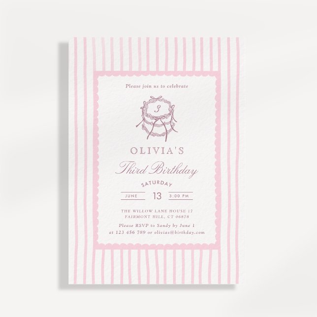 Pink Striped Coquette Third Birthday Invitation  (Creator Uploaded)