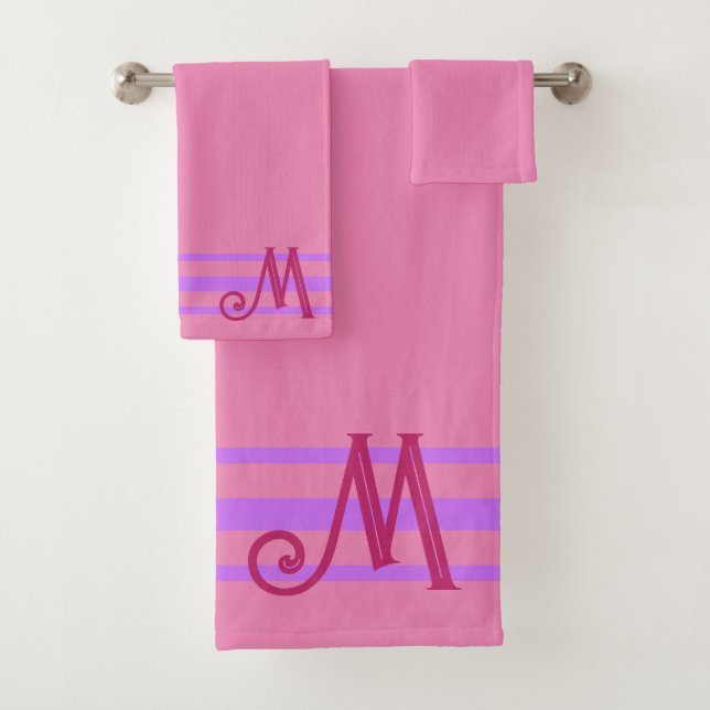 Pink Striped Custom Monogram Bath Towel Set (Insitu)