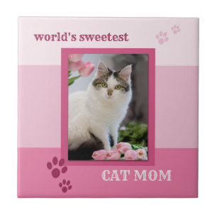 Pink Striped Cute Cat Photo Tile