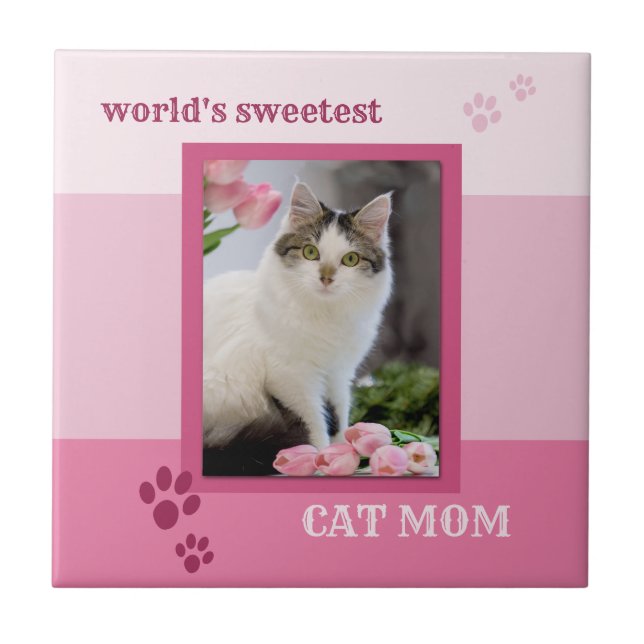 Pink Striped Cute Cat Photo Tile (Front)