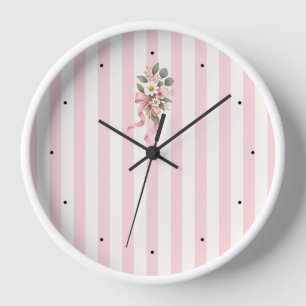 Pink Striped Floral Botanical Wall Clock