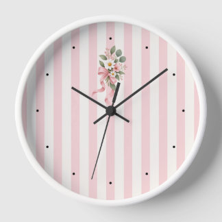 Pink Striped Floral Botanical Wall Clock