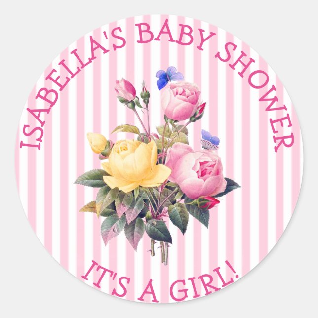 PInk Striped Floral Chic Baby Shower Sitckers Classic Round Sticker (Front)