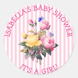PInk Striped Floral Chic Baby Shower Sitckers Classic Round Sticker