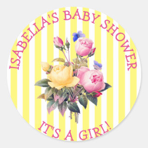 PInk Striped Floral Chic Baby Shower Sitckers Classic Round Sticker