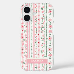Pink Striped Floral Personalised iPhone 16 Case