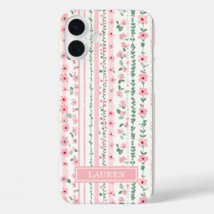 Pink Striped Floral Personalised iPhone 16 Plus Case