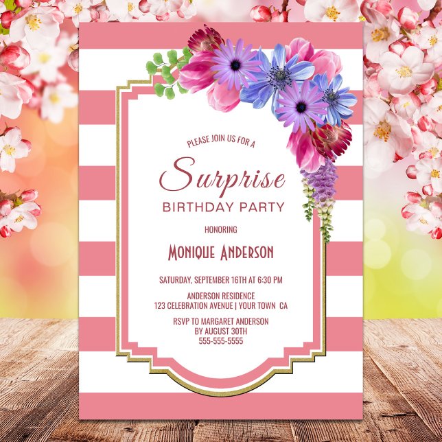 Pink Striped Floral Surprise Birthday Party Invitation (Creator Uploaded)