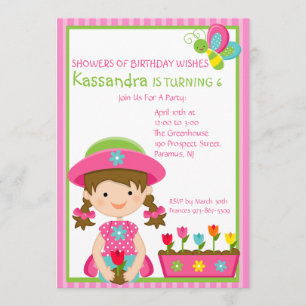 Pink Striped Gardening Girl Birthday Invitation