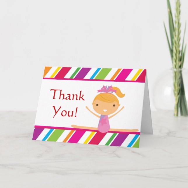 Pink Striped Girl Gymnast Birthday Party Thank You (Front)