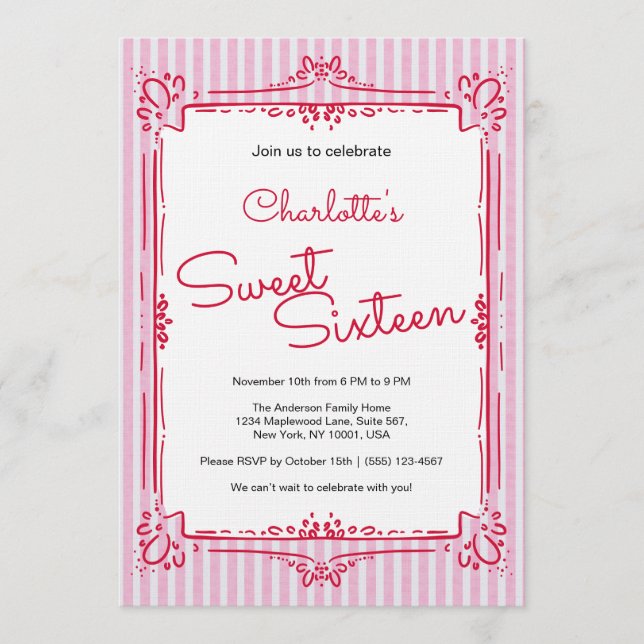 Pink Striped Glam Princess Sweet 16 Party  Invitation (Front)
