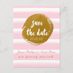 Pink Striped & Gold Foil Save The Date Postcard