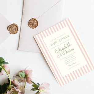 Pink Striped Green Retro Baby Shower Invitation
