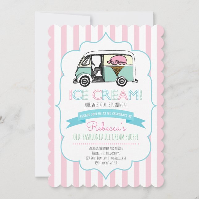 Pink Striped Ice Cream Truck Birthday Invitation (Front)