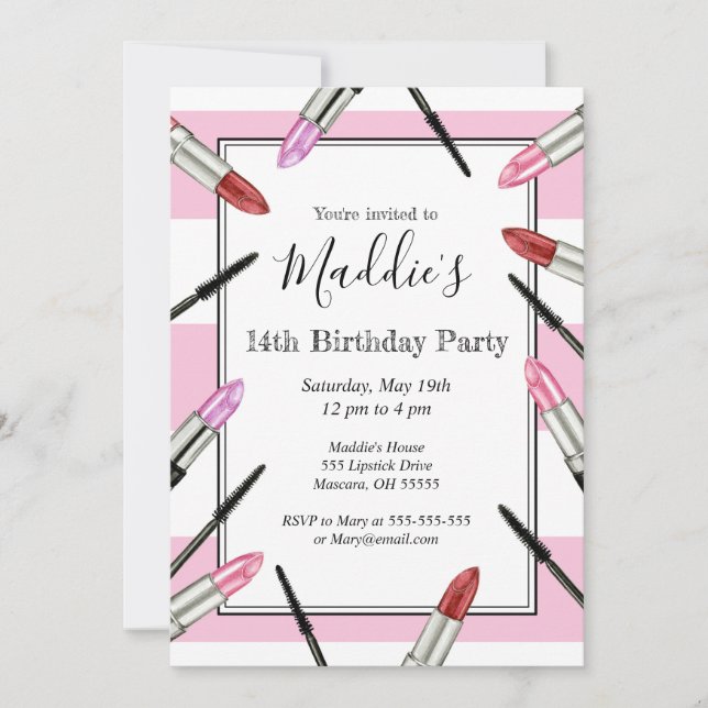 Pink Striped Makeup Themed Party Invitation (Front)