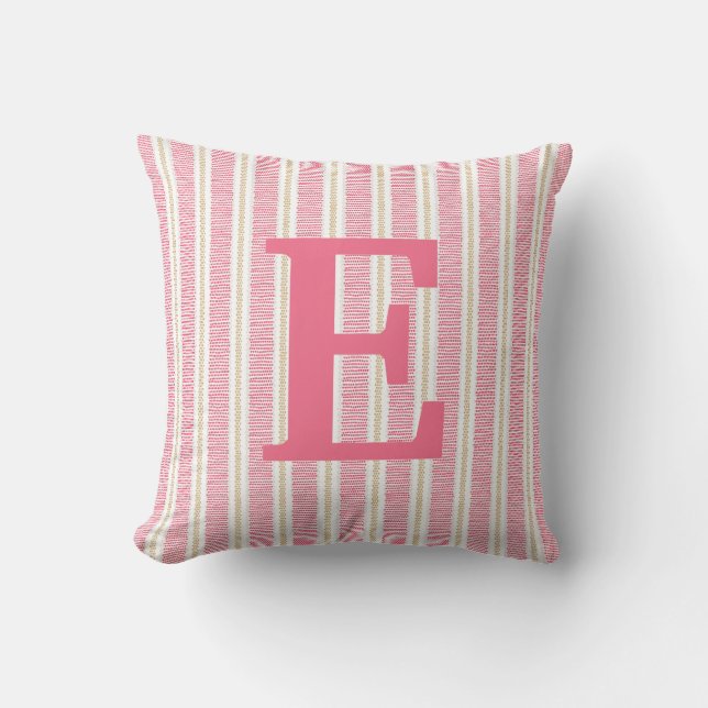 Pink Striped Monogram Letter Throw Pillow (Front)
