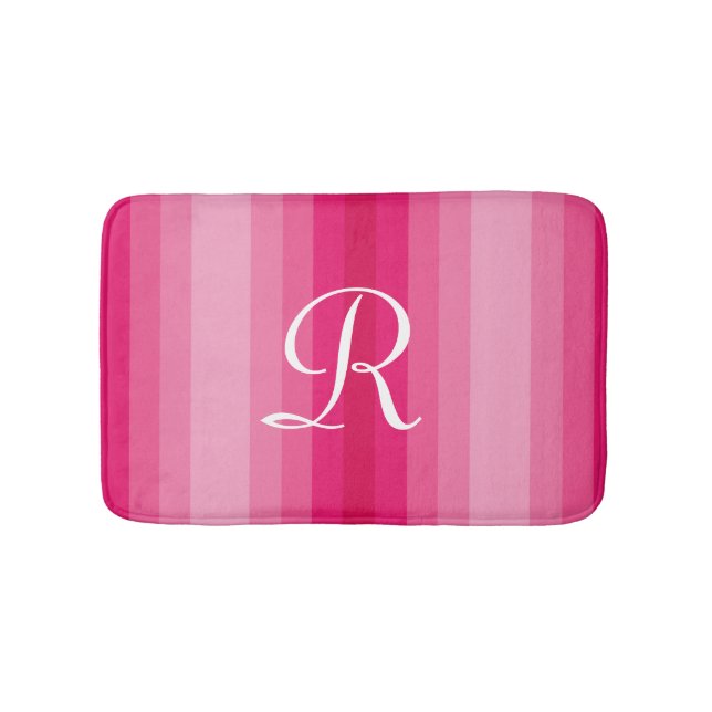 Pink Striped Monogrammed Plush Bath Mat (Front)