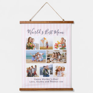 Pink Striped Multi Photo Collage World's Best Mum Hanging Tapestry