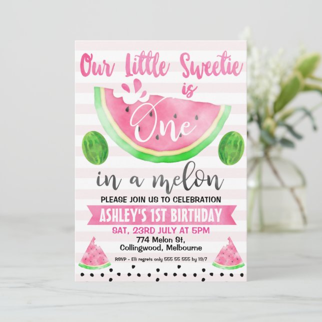 Pink Striped One In A Melon 1st Birthday Invitation (Standing Front)