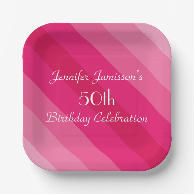 Pink Striped Paper Plates, 50th Birthday Party Paper Plate (Front)