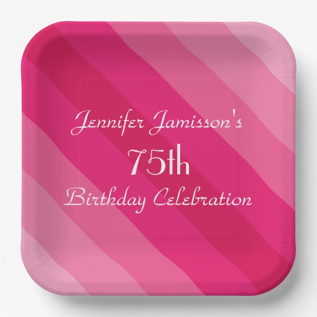 Pink Striped Paper Plates, 75th Birthday Party Paper Plate (Front)