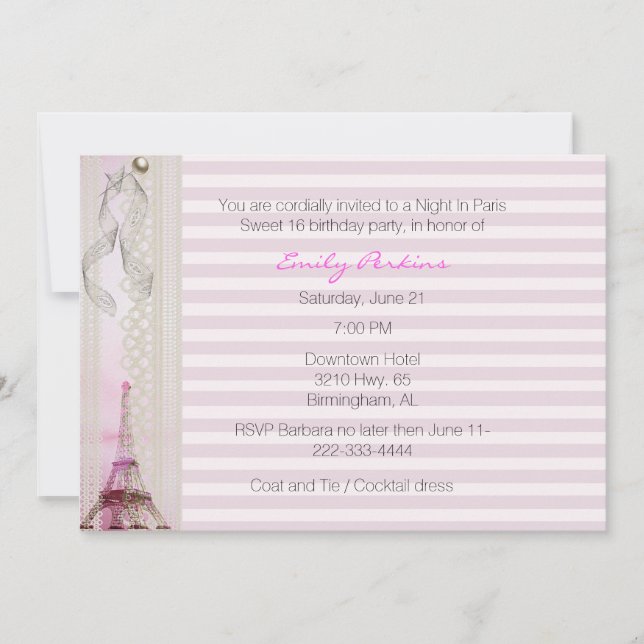 Pink Striped Paris Themed Sweet Sixteen Invitation (Front)