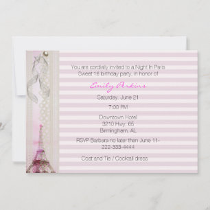 Pink Striped Paris Themed Sweet Sixteen Invitation